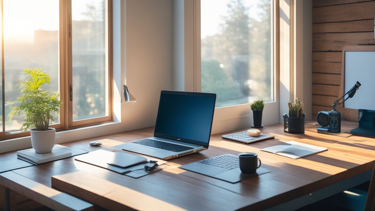 A cinematic, editorial-style photo of a modern, minimalistic workspace with soft natural light, featuring a laptop and notebook on a wooden desk, conveying a professional and contemplative atmosphere.