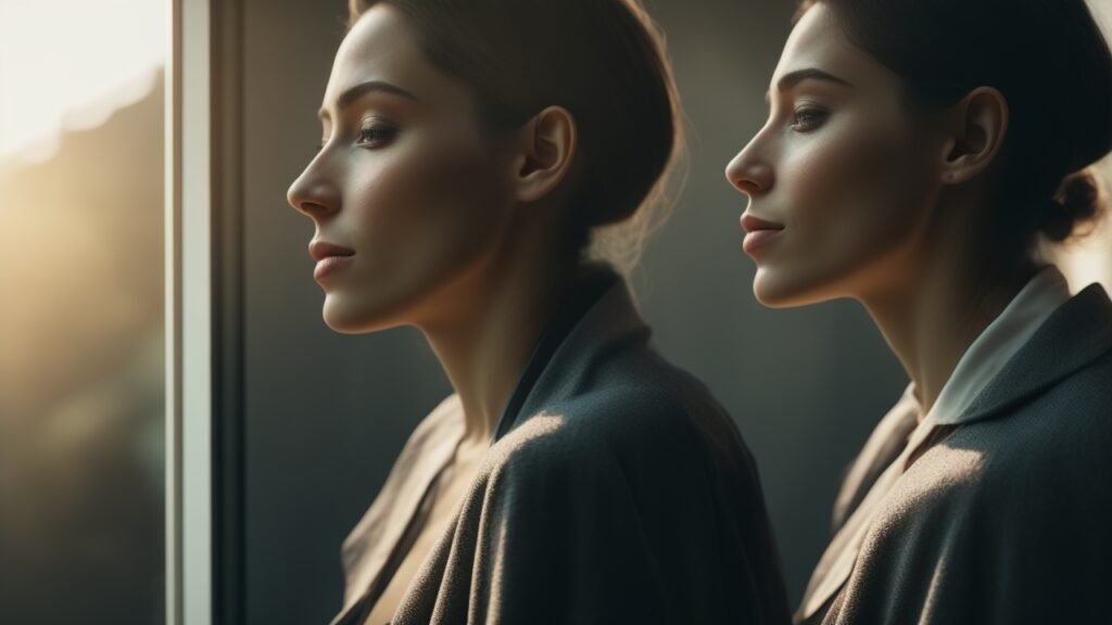 A cinematic editorial-style close-up of a thoughtful person in a modern workspace, softly lit with natural light casting gentle shadows, evoking introspection and creativity.