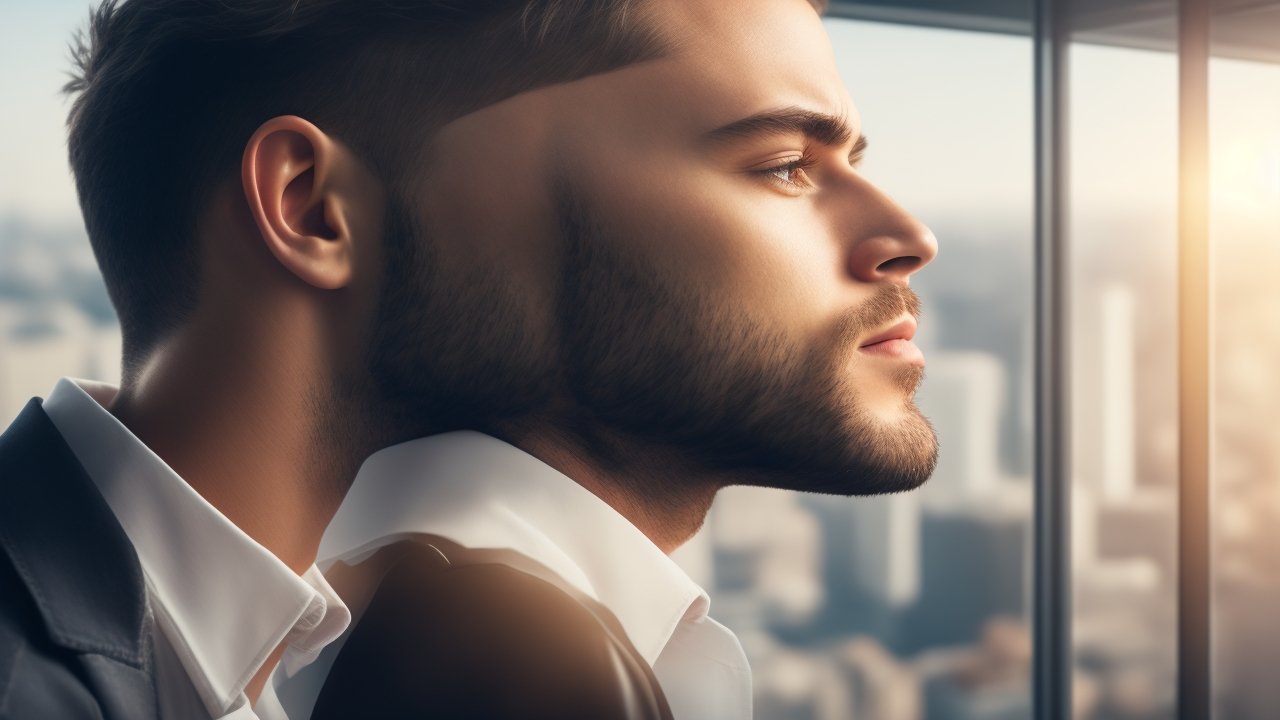 A dramatic, cinematic close-up of a thoughtful person in a modern workspace with soft natural lighting and a blurred cityscape background, conveying focus and creativity.
