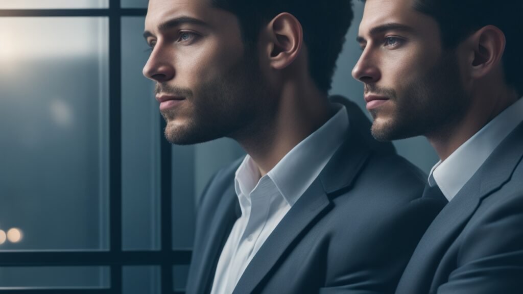 A dramatic close-up of a thoughtful person in a softly lit modern office environment, capturing a moment of quiet reflection with cinematic lighting and shallow depth of field.