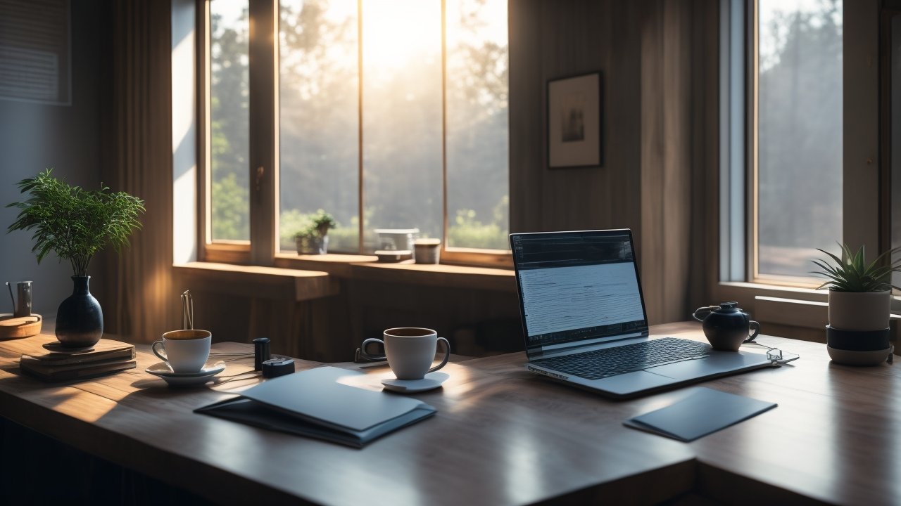 A cinematic editorial photo of a modern workspace with a laptop, notebook, and coffee cup on a wooden desk softly lit by natural window light, evoking focus and creativity.