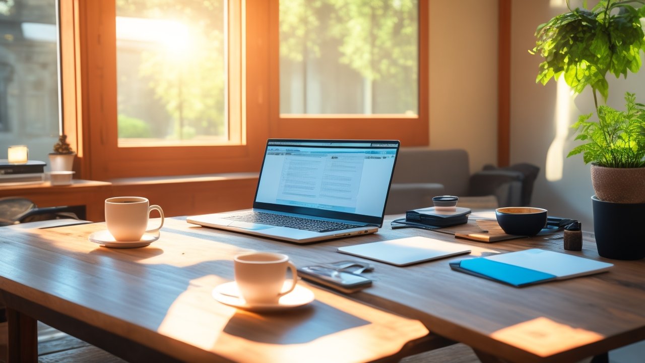 A cinematic editorial-style photo of a modern workspace with a laptop, notebook, and coffee cup on a wooden desk bathed in natural soft light, evoking a professional and focused atmosphere.