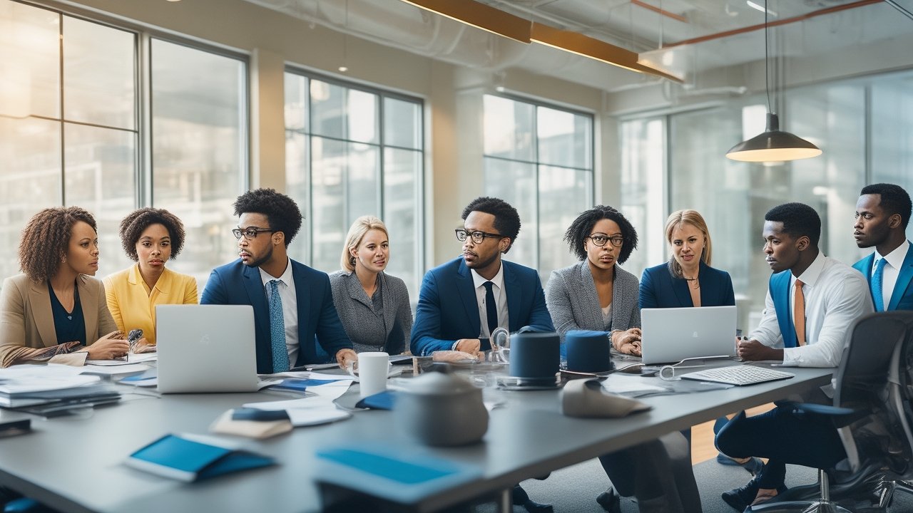 A cinematic editorial photo of a diverse group of professionals brainstorming in a modern office with warm natural light and a dynamic composition.