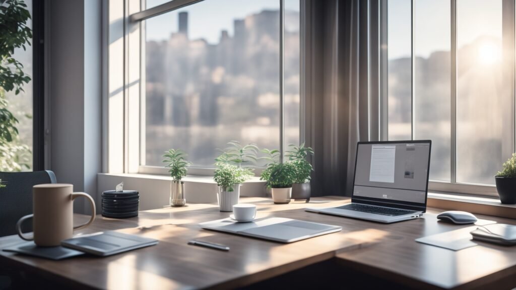 A cinematic editorial photograph of a modern workspace with a sleek laptop, soft natural light streaming through a window, and a blurred background hinting at a creative office environment.