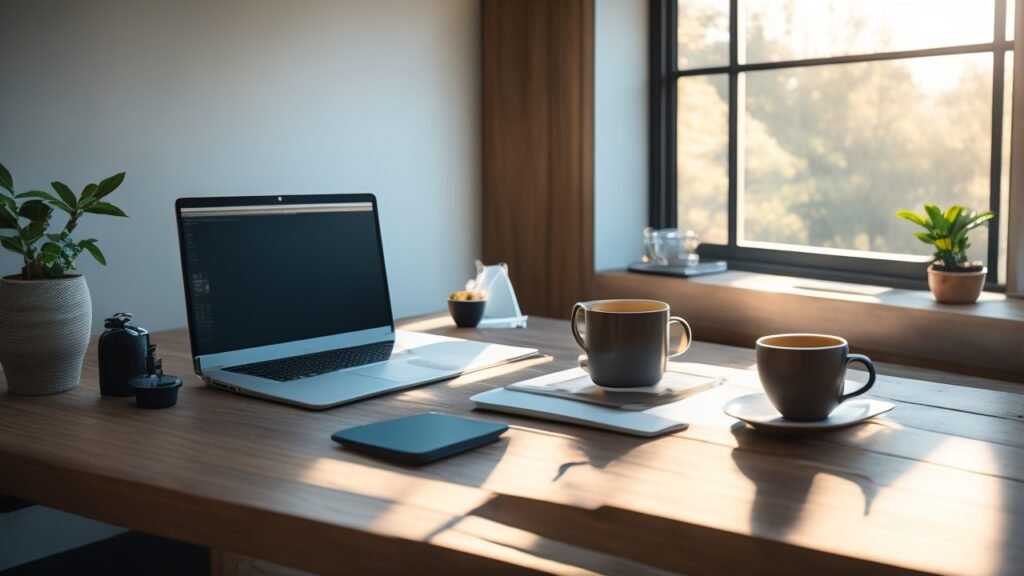 A cinematic editorial photo of a sleek modern workspace with soft natural lighting, featuring a minimalist laptop, a notebook, and a coffee cup on a wooden desk, conveying focus and simplicity.